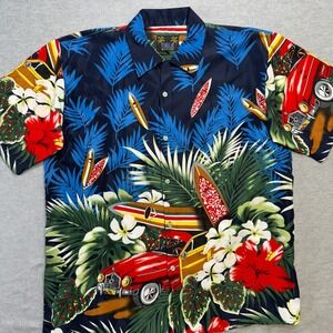 Vintage YMLA Shirt Mens XL Resort Wear Hawaiian Floral Cars Surfing Aloha‎ Y2K